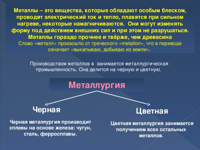 Металлы – это вещества, которые обладают особым блеском, проводят электрический ток и тепло, плавятся при сильном нагреве, некоторые намагничиваются. Они могут изменять форму под действием внешних сил и при этом не разрушаться. Металлы гораздо прочнее и твёрже, чем древесина Слово «металл» произошло от греческого «metallon», что в переводе означает «выкапываю, добываю из земли». Производством металлов в занимается металлургическая промышленность. Она делится на черную и цветную. Металлургия Черная Цветная Черная металлургия производит сплавы на основе железа: чугун, сталь, ферросплавы.  Цветная металлургия занимается получением всех остальных металлов. 