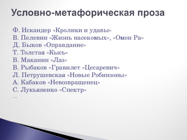 Ф. Искандер «Кролики и удавы» В. Пелевин «Жизнь насекомых», «Омон Ра» Д. Быков «Оправдание» Т. Толстая «Кысь» В. Маканин «Лаз» В. Рыбаков «Гравилет «Цесаревич» Л. Петрушевская «Новые Робинзоны» А. Кабаков «Невозвращенец» С. Лукьяненко «Спектр» … 