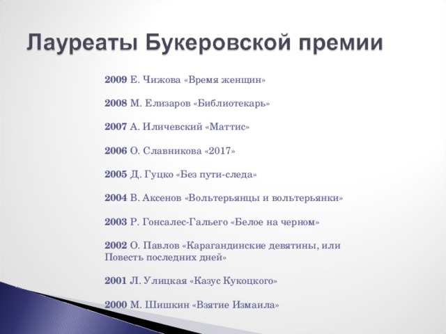 2009 Е. Чижова «Время женщин» 2008 М. Елизаров «Библиотекарь» 2007 А. Иличевский «Маттис» 2006 О. Славникова «2017» 2005 Д. Гуцко «Без пути-следа» 2004 В. Аксенов «Вольтерьянцы и вольтерьянки» 2003 Р. Гонсалес-Гальего «Белое на черном» 2002 О. Павлов «Карагандинские девятины, или Повесть последних дней» 2001 Л. Улицкая «Казус Кукоцкого» 2000 М. Шишкин «Взятие Измаила» 