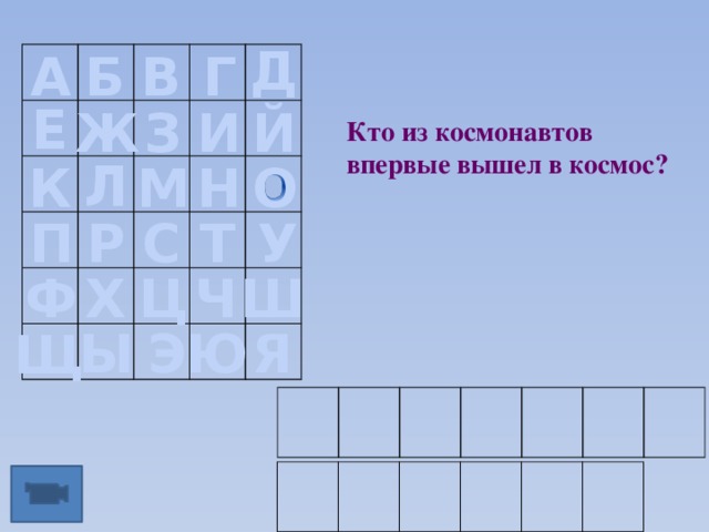 Д Б В Г А Е Е Е Ж З И Й Кто из космонавтов впервые вышел в космос? Л Л О Н М К У Т С Р П Ч Ш Х Ф Ц Ы Э Ю Я Щ