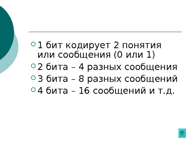1 бит кодирует 2 понятия или сообщения (0 или 1) 2 бита – 4 разных сообщения 3 бита – 8 разных сообщений 4 бита – 16 сообщений и т.д. 
