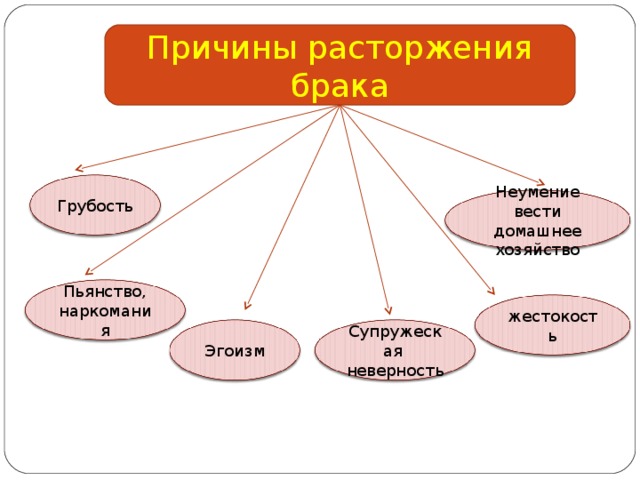 Причины расторжения брака Грубость Неумение вести домашнее хозяйство Пьянство, наркомания жестокость Супружеская неверность Эгоизм 