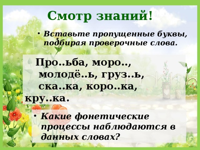 Смотр знаний! Вставьте пропущенные буквы, подбирая проверочные слова.  Про..ьба, моро..,  молодё..ь, груз..ь,  ска..ка, коро..ка, кру..ка. Какие фонетические процессы наблюдаются в данных словах? 