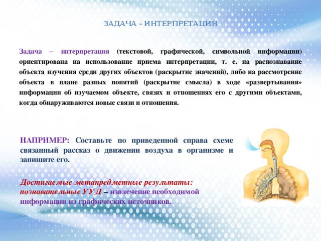 ЗАДАЧА - ИНТЕРПРЕТАЦИЯ   Задача – интерпретация (текстовой, графической, символьной информации) ориентирована на использование приема интерпретации, т. е. на распознавание объекта изучения среди других объектов (раскрытие значений), либо на рассмотрение объекта в плане разных понятий (раскрытие смысла) в ходе «развертывания» информации об изучаемом объекте, связях и отношениях его с другими объектами, когда обнаруживаются новые связи и отношения.   НАПРИМЕР: Составьте по приведенной справа схеме связанный рассказ о движении воздуха в организме и запишите его.  Достигаемые метапредметные результаты: познавательные УУД – извлечение необходимой информации из графических источников.
