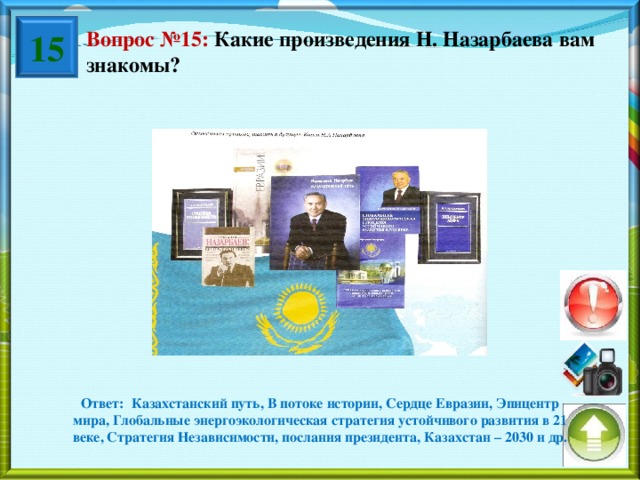 15 Вопрос №15: Какие произведения Н. Назарбаева вам знакомы? Ответ: Казахстанский путь, В потоке истории, Сердце Евразии, Эпицентр мира, Глобальные энергоэкологическая стратегия устойчивого развития в 21 веке, Стратегия Независимости, послания президента, Казахстан – 2030 и др.