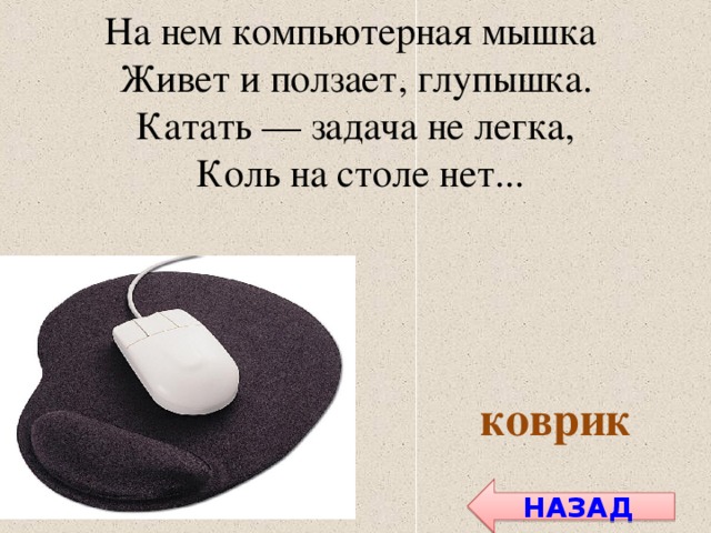 На нем компьютерная мышка Живет и ползает, глупышка. Катать — задача не легка,  Коль на столе нет... коврик НАЗАД