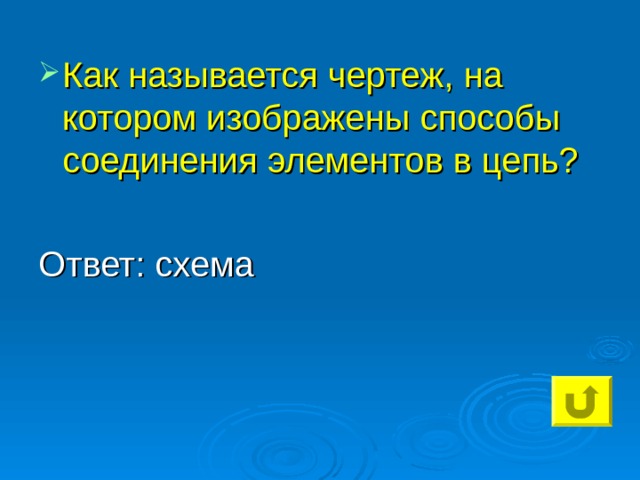 Как называется чертеж, на котором изображены способы соединения элементов в цепь? Ответ: схема 