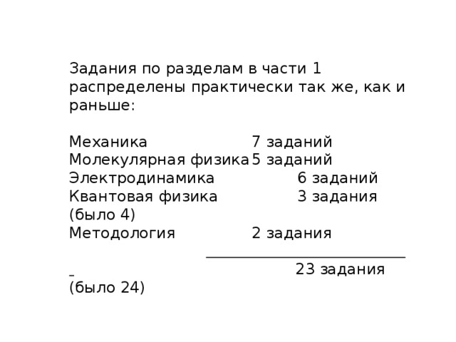 Задания по разделам в части 1 распределены практически так же, как и раньше: Механика    7 заданий Молекулярная физика  5 заданий Электродинамика   6 заданий Квантовая физика   3 задания (было 4) Методология   2 задания           23 задания (было 24) 