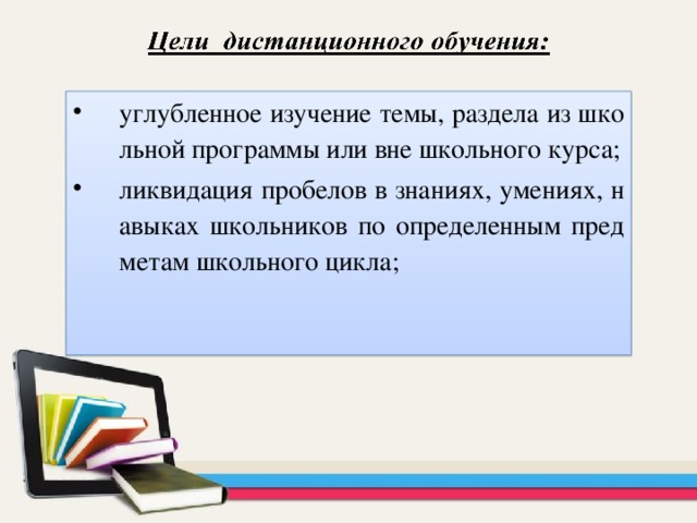    углубленное изучение темы, раздела из школьной программы или вне школьного курса; ликвидация пробелов в знаниях, умениях, навыках школьников по определенным предметам школьного цикла;  