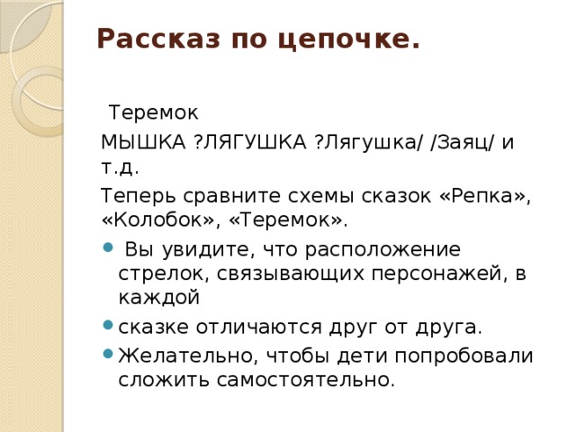 Рассказ по цепочке.    Теремок МЫШКА ?ЛЯГУШКА ?Лягушка/ /Заяц/ и т.д. Теперь сравните схемы сказок «Репка», «Колобок», «Теремок».  Вы увидите, что расположение стрелок, связывающих персонажей, в каждой сказке отличаются друг от друга. Желательно, чтобы дети попробовали сложить самостоятельно. 