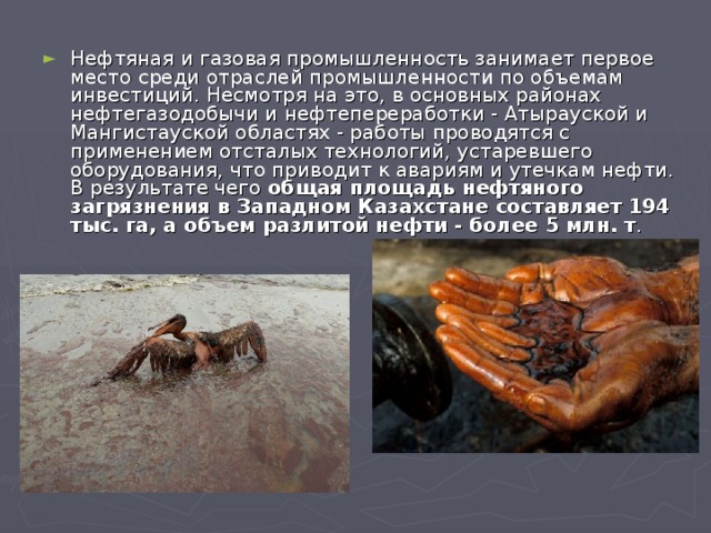 Нефтяная и газовая промышленность занимает первое место среди отраслей промышленности по объемам инвестиций. Несмотря на это, в основных районах нефтегазодобычи и нефтепереработки - Атырауской и Мангистауской областях - работы проводятся с применением отсталых технологий, устаревшего оборудования, что приводит к авариям и утечкам нефти. В результате чего  общая площадь нефтяного загрязнения в Западном Казахстане составляет 194 тыс. га, а объем разлитой нефти - более 5 млн. т . 