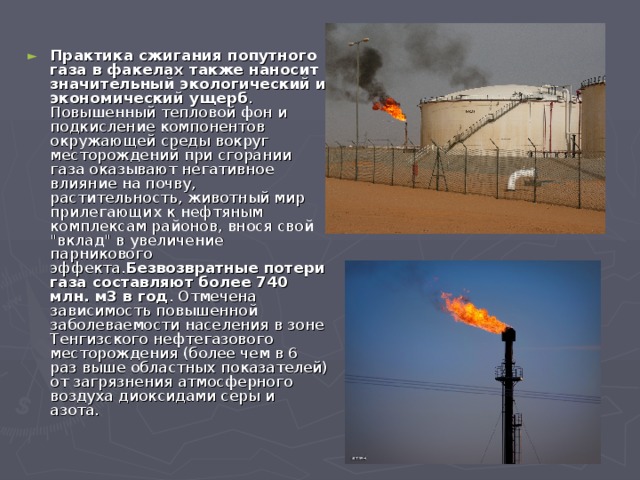 Практика сжигания попутного газа в факелах также наносит значительный экологический и экономический ущерб . Повышенный тепловой фон и подкисление компонентов окружающей среды вокруг месторождений при сгорании газа оказывают негативное влияние на почву, растительность, животный мир прилегающих к нефтяным комплексам районов, внося свой 