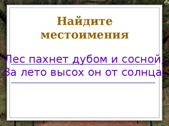 Найдите местоимения Лес пахнет дубом и сосной, За лето высох он от солнца.