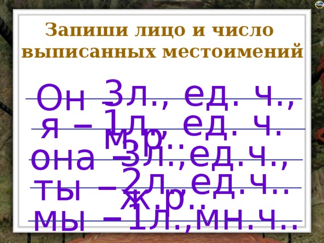 Запиши лицо и число  выписанных местоимений Он  – 3л., ед. ч., м.р.. я – 1л., ед. ч. она – 3л.,ед.ч.,ж.р.. ты – 2л.,ед.ч.. мы – 1л.,мн.ч..