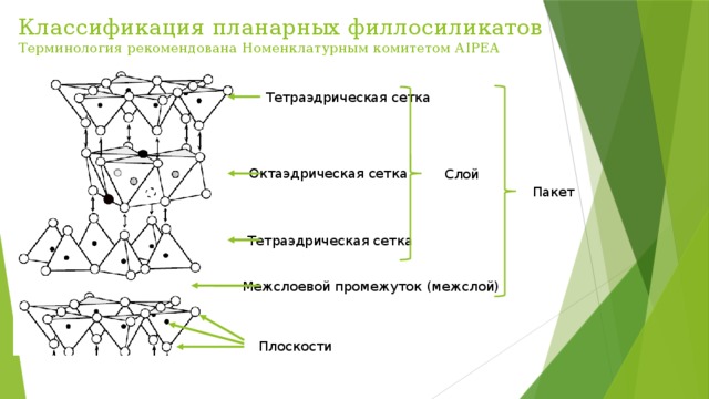 Классификация планарных филлосиликатов  Терминология рекомендована Номенклатурным комитетом AIPEA Тетраэдрическая сетка Октаэдрическая сетка Слой Пакет Тетраэдрическая сетка Межслоевой промежуток (межслой) Плоскости 