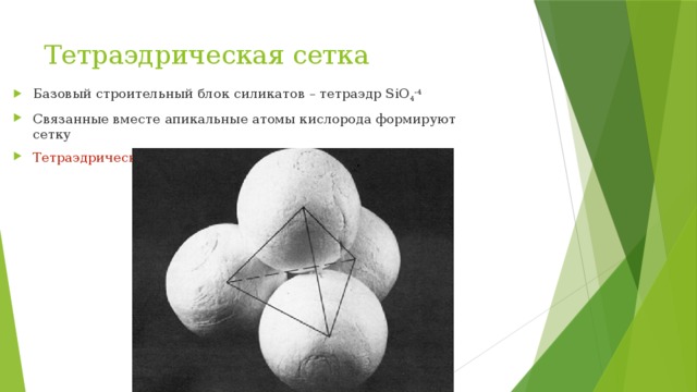 Тетраэдрическая сетка Базовый строительный блок силикатов – тетраэдр SiO 4 -4 Связанные вместе апикальные атомы кислорода формируют сетку Тетраэдрическая сетка не существует сама по себе 