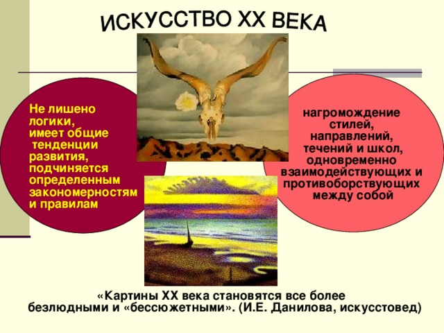 нагромождение стилей, направлений, течений и школ, одновременно взаимодействующих и противоборствующих между собой Не лишено логики, имеет общие  тенденции развития, подчиняется определенным закономерностям и правилам «Картины ХХ века становятся все более безлюдными и «бессюжетными». (И.Е. Данилова, искусстовед) 