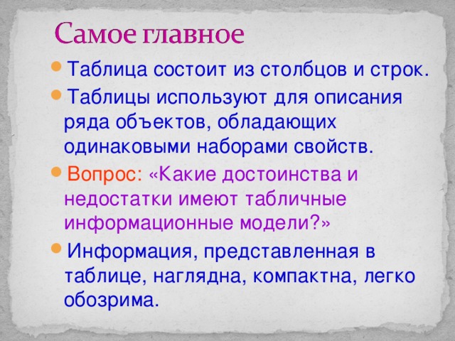 Таблица состоит из столбцов и строк. Таблицы используют для описания ряда объектов, обладающих одинаковыми наборами свойств. Вопрос: «Какие достоинства и недостатки имеют табличные информационные модели?» Информация, представленная в таблице, наглядна, компактна, легко обозрима.  