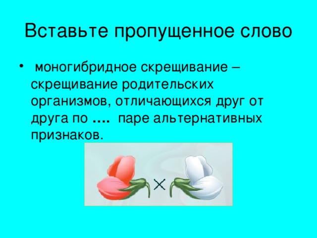 моногибридное скрещивание – скрещивание родительских организмов, отличающихся друг от друга по …. паре альтернативных признаков.