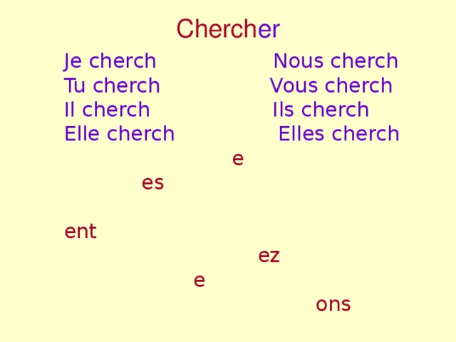 Cherch er   Je cherch Nous cherch Tu cherch Vous cherch Il cherch Ils cherch Elle cherch Elles cherch   e  es  ent  ez  e  ons  ent  e 