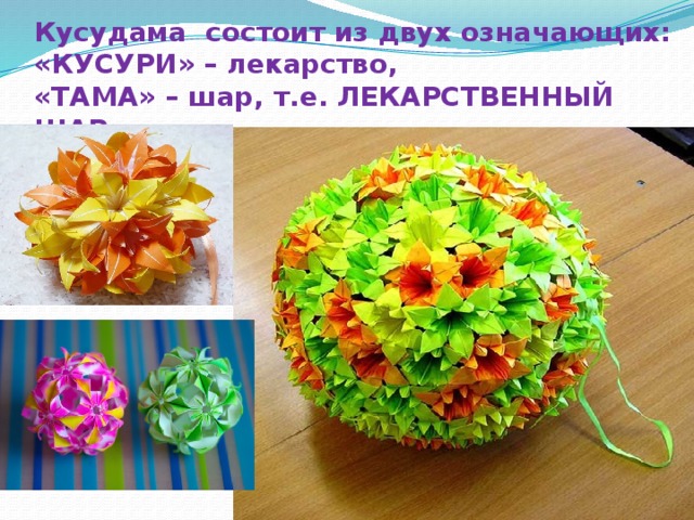 Кусудама состоит из двух означающих: «КУСУРИ» – лекарство, «ТАМА» – шар, т.е. ЛЕКАРСТВЕННЫЙ ШАР. 