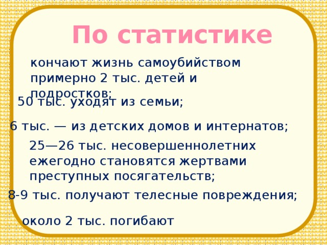 По статистике кончают жизнь самоубийством примерно 2 тыс. детей и подростков; 50 тыс. уходят из семьи; 6 тыс. — из детских домов и интернатов; 25—26 тыс. несовершеннолетних ежегодно становятся жертвами преступных посягательств; 8-9 тыс. получают телесные повреждения; около 2 тыс. погибают