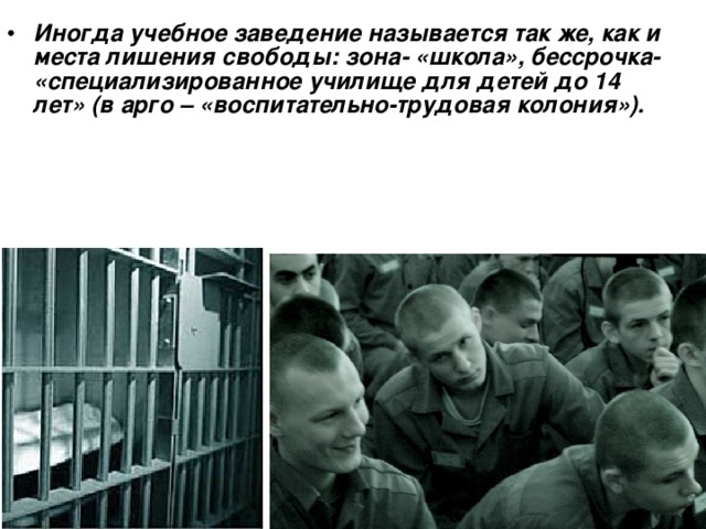 Иногда учебное заведение называется так же, как и места лишения свободы: зона - «школа», бессрочка - «специализированное училище для детей до 14 лет» (в арго – «воспитательно-трудовая колония»).
