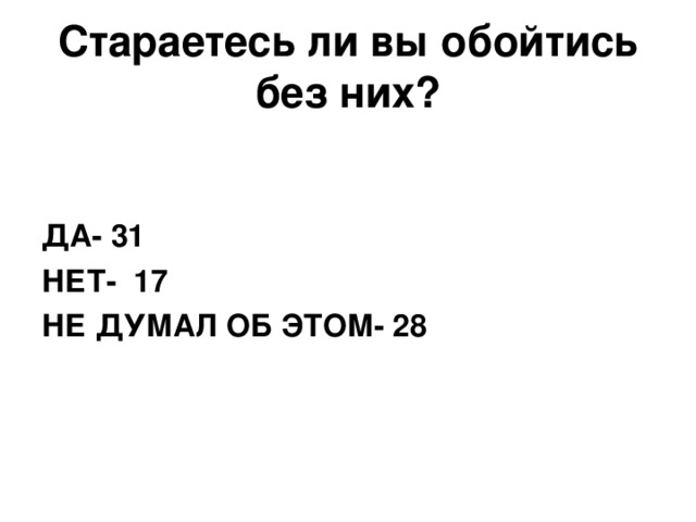 Стараетесь ли вы обойтись без них?   ДА- 31 НЕТ- 17 НЕ ДУМАЛ ОБ ЭТОМ- 28