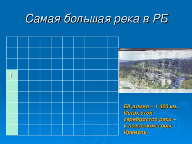 Самая большая река в РБ 1 Её длина – 1 420 км. Исток этой серебристой реки – у подножия горы Иремель. 