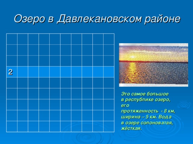 Озеро в Давлекановском районе 2 Это самое большое в республике озеро, его протяженность - 8 км, ширина – 5 км. Вода в озере солоноватая, жёсткая. 
