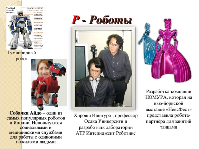 Р - Роботы Гуманоидный робот Разработка компании НОМУРА, которая на нью-йоркской выставке «НексФест» представила робота-партнёра для занятий танцами Собачки Айдо – одни из самых популярных роботов в Японии. Используются социальными и медицинскими службами для работы с одинокими пожилыми людьми Хироши Ишигуро , профессор Осака Университи и разработчик лаборатории ATР Интелиджент Роботикс 