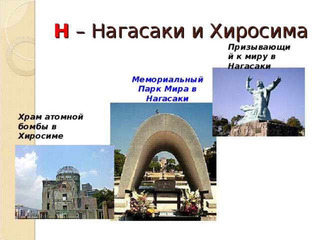 Н – Нагасаки и Хиросима Призывающий к миру в Нагасаки Мемориальный Парк Мира в Нагасаки Храм атомной бомбы в Хиросиме 