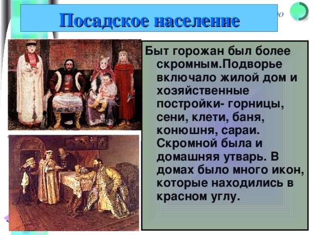 Посадское население Быт горожан был более скромным.Подворье включало жилой дом и хозяйственные постройки- горницы, сени, клети, баня, конюшня, сараи. Скромной была и домашняя утварь. В домах было много икон, которые находились в красном углу. 
