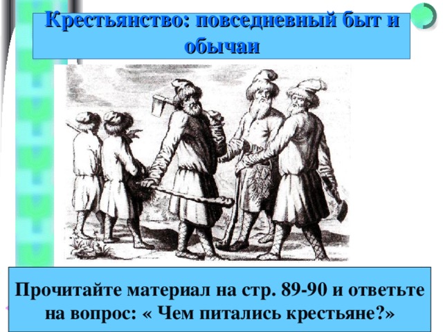 Крестьянство: повседневный быт и обычаи Прочитайте материал на стр. 89-90 и ответьте на вопрос: « Чем питались крестьяне?» 