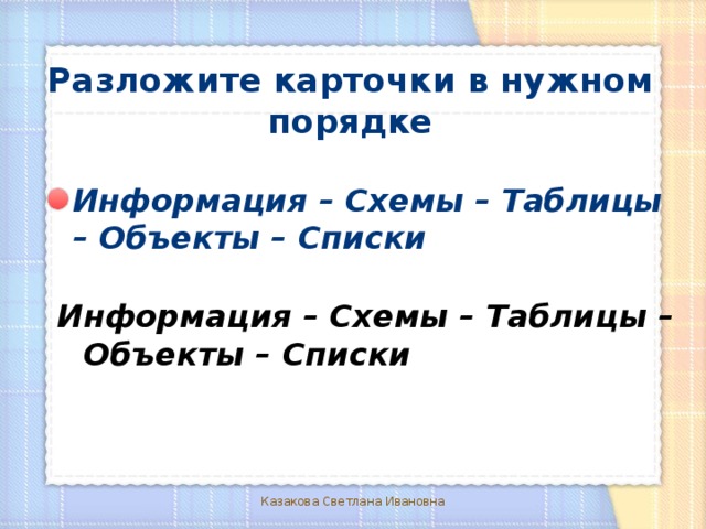 Разложите карточки в нужном порядке Информация – Схемы – Таблицы – Объекты – Списки Информация – Схемы – Таблицы – Объекты – Списки Казакова Светлана Ивановна