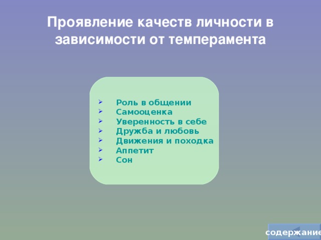 Проявление качеств личности в зависимости от темперамента  Роль в общении  Самооценка  Уверенность в себе  Дружба и любовь  Движения и походка  Аппетит  Сон содержание 