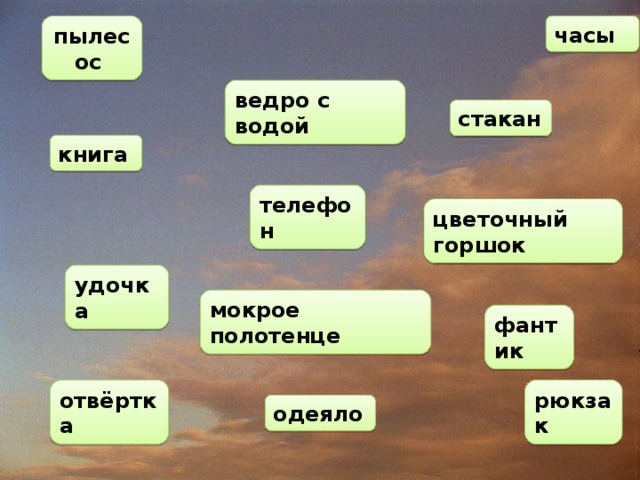 пылесос часы ведро с водой стакан книга телефон цветочный горшок удочка мокрое полотенце фантик рюкзак отвёртка одеяло 