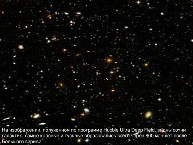 На изображении, полученном по программе Hubble Ultra Deep Field, видны сотни галактик, самые красные и тусклые образовались всего через 800 млн лет после Большого взрыва 