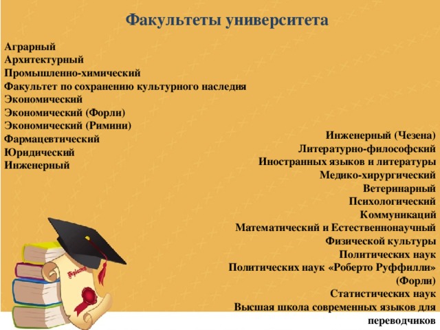 Факультеты университета Аграрный Архитектурный Промышленно-химический Факультет по сохранению культурного наследия Экономический Экономический (Форли) Экономический (Римини) Фармацевтический Юридический Инженерный Инженерный (Чезена) Литературно-философский Иностранных языков и литературы Медико-хирургический Ветеринарный Психологический Коммуникаций Математический и Естественнонаучный Физической культуры Политических наук Политических наук «Роберто Руффилли» (Форли) Статистических наук Высшая школа современных языков для переводчиков 