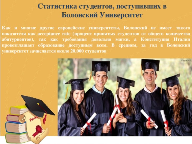 Статистика студентов, поступивших в Болонский Университет Как и многие другие европейские университеты, Болонский не имеет такого показателя как acceptance rate (процент принятых студентов от общего количества абитуриентов), так как требования довольно мягки, а Конституция Италии провозглашает образование доступным всем. В среднем, за год в Болонский университет зачисляется около 20,000 студентов 