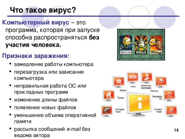Что такое вирус? Компьютерный вирус  – это программа, которая при запуске способна распространяться без участия человека. Признаки заражения : замедление работы компьютера перезагрузка или зависание компьютера неправильная работа ОС или прикладных программ изменение длины файлов появление новых файлов уменьшение объема оперативной памяти рассылка сообщений e-mail  без ведома автора замедление работы компьютера перезагрузка или зависание компьютера неправильная работа ОС или прикладных программ изменение длины файлов появление новых файлов уменьшение объема оперативной памяти рассылка сообщений e-mail  без ведома автора   