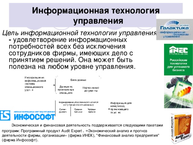 Информационная технология управления Цель информационной технологии управления  - удовлетворение информационных потребностей всех без исключения сотрудников фирмы, имеющих дело с принятием решений. Она может быть полезна на любом уровне управления. Экономическая и финансовая деятельность поддерживается следующими пакетами программ: Программный продукт Audit Expert  . « Экономический анализ и прогноз деятельности фирмы, организации» (фирма ИНЕК), 