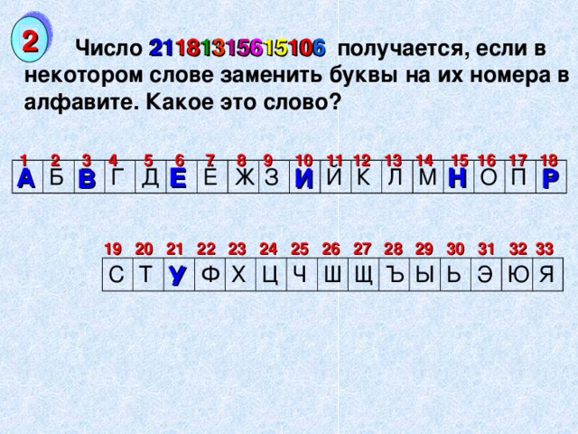 2 21 18 1 3 15 6 15 10 6  Число 21181315615106 получается, если в некотором слове заменить буквы на их номера в алфавите. Какое это слово?  1 2 3 4 5 6 7 8 9 10 11 12 13 14 15 16 17 18 А Е Н Е Н И В Р А Б В Г Д Е Ё Ж З И Й К Л М Н О П Р 19 20 21 22 23 24 25 26 27 28 29 30 31 32 33 У С Т У Ф Х Ц Ч Ш Щ Ъ Ы Ь Э Ю Я