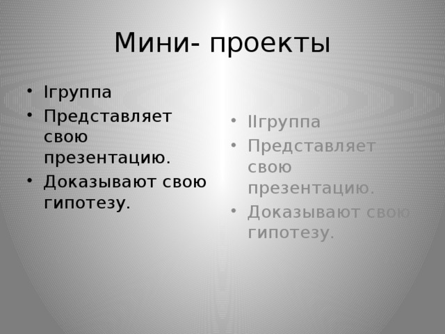 Мини- проекты Iгруппа Представляет свою презентацию. Доказывают свою гипотезу. IIгруппа Представляет свою презентацию. Доказывают свою гипотезу. 
