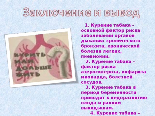    1. Курение табака - основной фактор риска заболеваний органов дыхания: хронического бронхита, хронической болезни легких, пневмонии.  2. Курение табака - фактор риска атеросклероза, инфаркта миокарда, болезней сосудов.  3. Курение табака в период беременности приводит к недоразвитию плода и ранним выкидышам.  4. Курение табака – основной фактор риска сердечных заболеваний.  