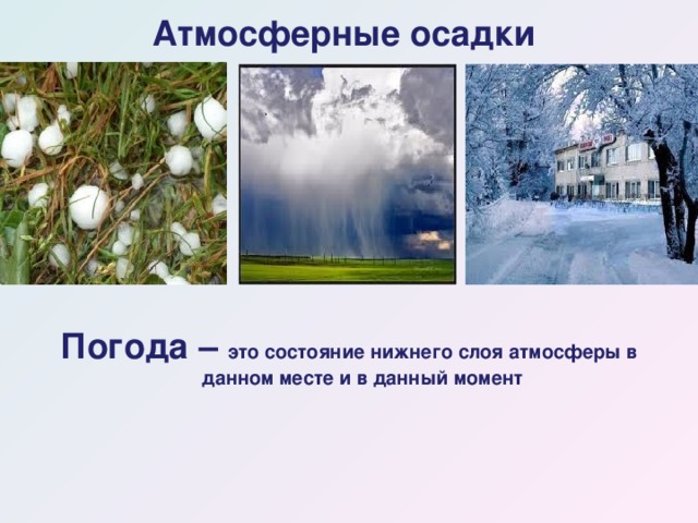 Атмосферные осадки Погода – это состояние нижнего слоя атмосферы в данном месте и в данный момент  