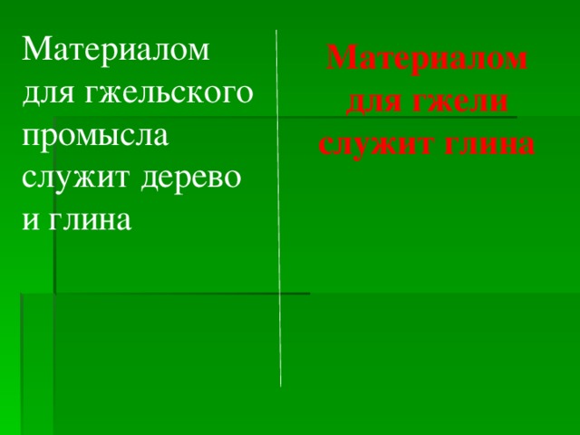Материалом для гжельского промысла служит дерево и глина Материалом для гжели служит глина