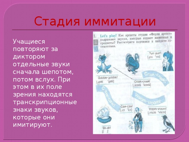 Стадия иммитации Учащиеся повторяют за диктором отдельные звуки сначала шепотом, потом вслух. При этом в их поле зрения находятся транскрипционные знаки звуков, которые они имитируют.  