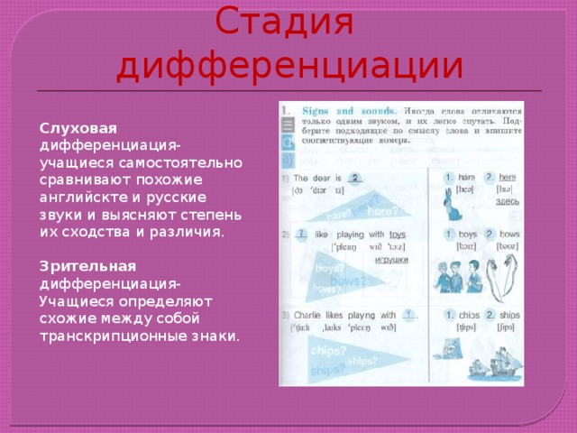 Стадия дифференциации Слуховая дифференциация- учащиеся самостоятельно сравнивают похожие английскте и русские звуки и выясняют степень их сходства и различия. Зрительная дифференциация- Учащиеся определяют схожие между собой транскрипционные знаки. 