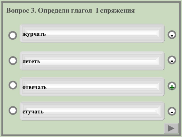 Вопрос 3. Определи глагол I спряжения журчать - лететь - отвечать + стучать -